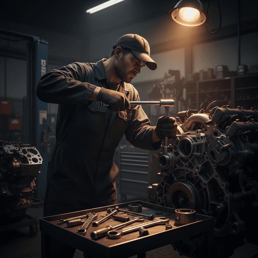 Mechanic performing engine repair with precision tools