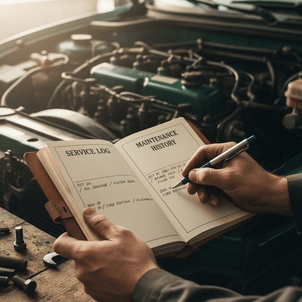 Mechanic reviewing vehicle logbook during scheduled service