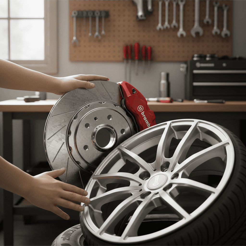 Close-up of brake system components during inspection