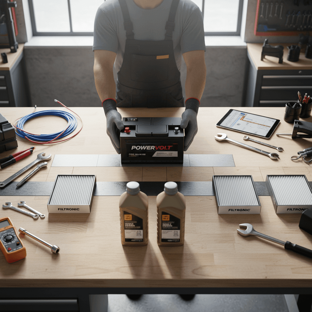 Mechanic holding new battery with maintenance supplies displayed