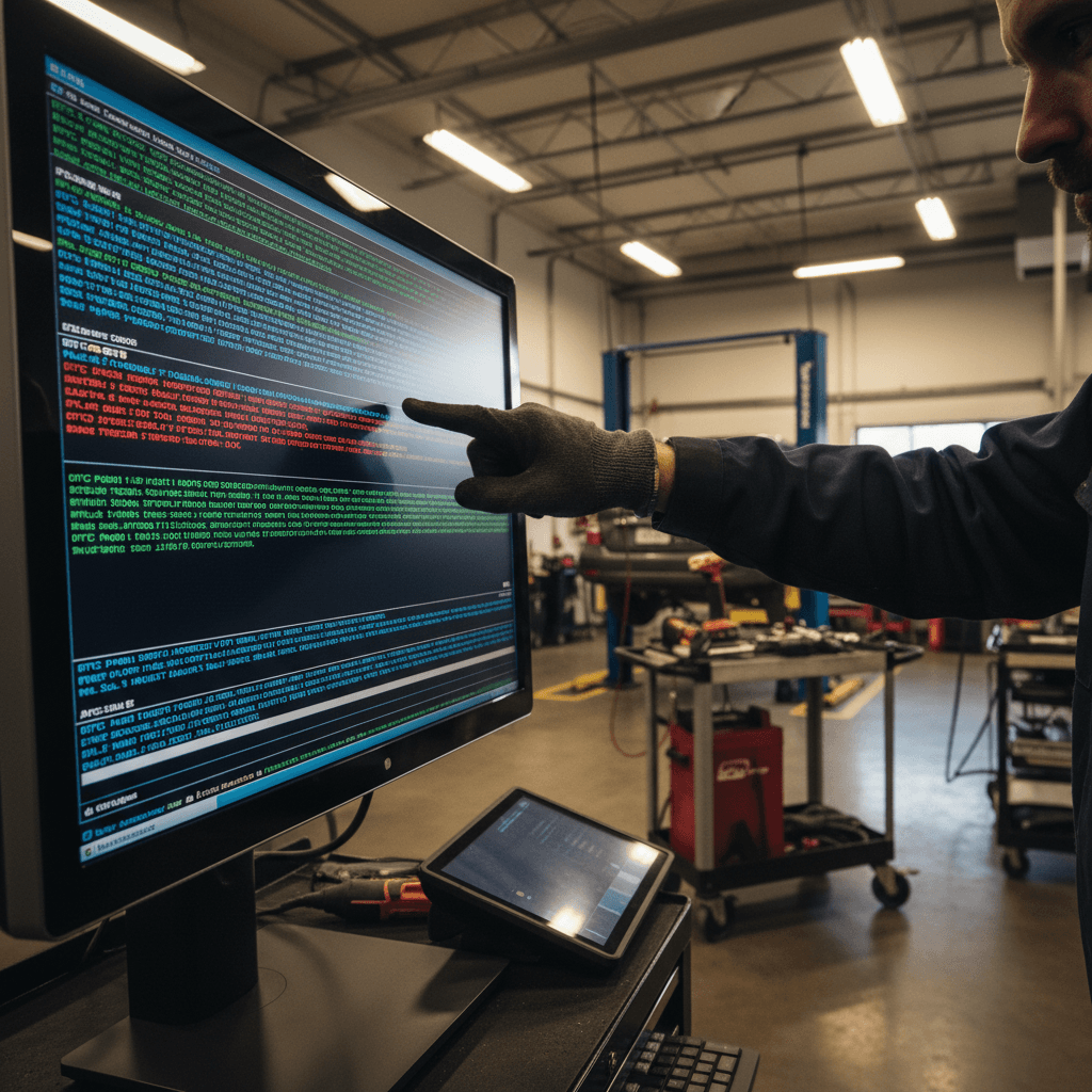 Technician reviewing vehicle diagnostic scan on computer screen